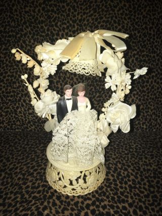Vintage 1950s Wedding Cake Topper Bride Groom Lace Gown Overlay Silk Flowers