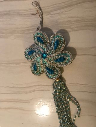 Vintage Holiday Christmas Tree Ornament Blue Beaded Sequin Flower