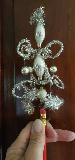 Antique German Pearl Mercury Glass Silver Tinsel Christmas Tree Topper