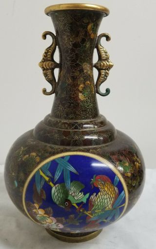 Antique Vintage Chinese Cloisonne Enamel Vase Millefiori Birds Bat Floral Bronze