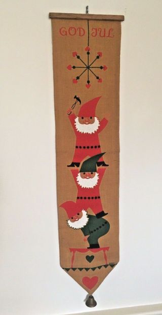 Vintage Christmas Swedish Jerry God Jul Burlap Wall Hanging Banner