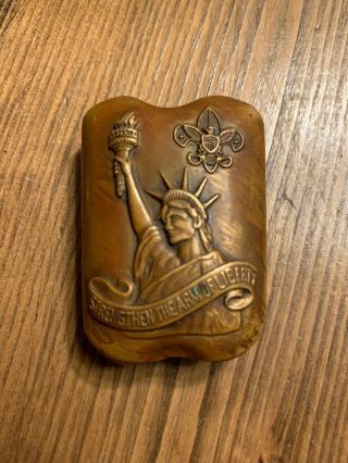 " Strengthen The Arm Of Liberty " Neckerchief Slide Vintage Boy Scouts Bronze