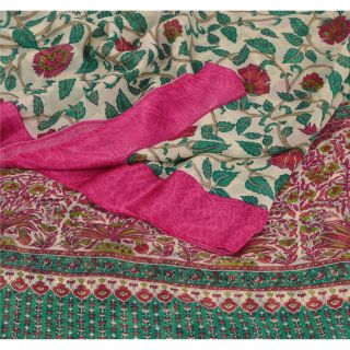 Sanskriti Vintage Cream Saree Blend Georgette Printed Sari 5 Yard Craft Fabric