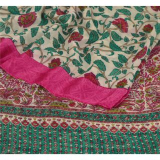Sanskriti Vintage Cream Saree Blend Georgette Printed Sari 5 Yard Craft Fabric 2