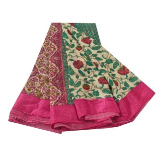 Sanskriti Vintage Cream Saree Blend Georgette Printed Sari 5 Yard Craft Fabric 3