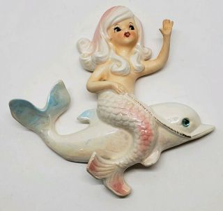 Vtg Mermaid On Dolphin Luster Ceramic Mcm Wall Plaque Japan 6445 Rhinestone Eye