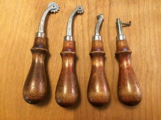 Vintage Craftool Leather Carving Engraving Marking Tools Set Of 4 Wooden Handle