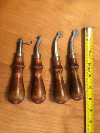 Vintage CRAFTOOL Leather Carving Engraving Marking Tools Set of 4 Wooden Handle 3
