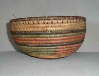 Vintage Wicker Grass Hand Woven Coil Bowl Basket Multi Colored 5 " T 8.  5 " W