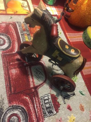 Vintage Wooden Doll Horse Tricycle Toy 8.  5”w 7”h