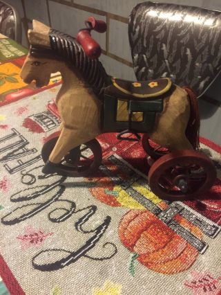 Vintage Wooden Doll Horse Tricycle Toy 8.  5”w 7”H 2