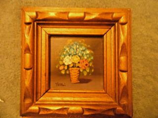 Vintage Miniature Oil Painting Onwood Floral Still Life Signed And Framed Fermi