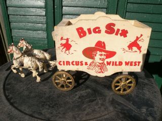 Rare Arcade Big Six Circus & Wild West Wagon Antique Cast Iron Horse Toy Cowboy