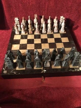 Handmade Handcrafted Rare Vintage Chess Set - Hand Carved Soapstone And Wood
