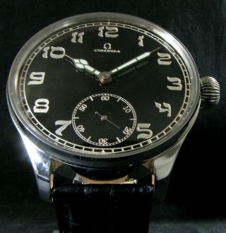 Omega Antique Wwii Era Large Steel Wristwatch Big Pilot Metal Dial