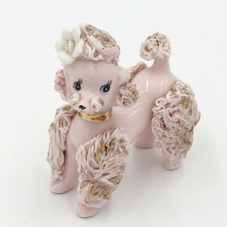 Vintage Pink Spaghetti French Poodle Gold Gilt White Flower In Hair 4 " Tall
