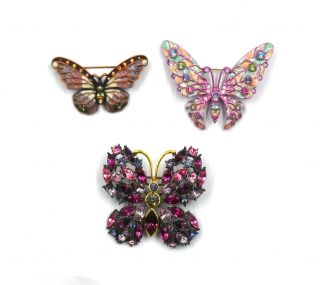 3 Vintage Joan Rivers Multi - Colored Enamel Butterfly Brooch Pins Designer Signed