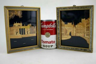 Pair Small Vintage 1960s Straw Wood Folk Art Pictures City Architecture - Poland