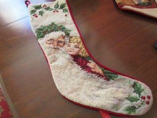 Lands End Or Ll Bean Santa With Girl Needlepoint Christmas Stocking Vintage