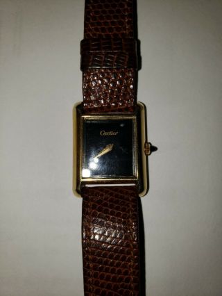 Vintage Cartier Gold Plated Tank Watch Women Mechanical Black Deco