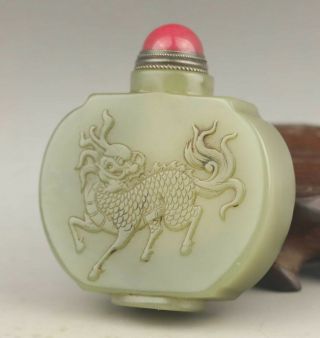 Chinese Old Natural Hetian Jade Hand - Carved Statue Snuff Bottle 2.  5 Inch