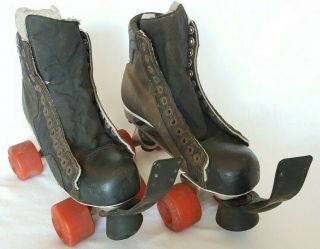 Vintage Black Oak St.  Roller Derby Style Quad Roll Skates W/ Red Krypto Wheels