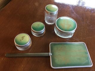 Vintage Ladies Vanity Set 5 Pc Set 4 Jars,  Mirror Pat 1936 Green Art Deco 30’s