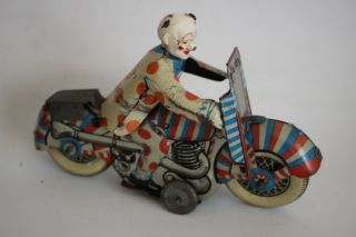 Antique 1930s Rare Mettoy Clown Motorcycle Wind Up Tin Litho Toy