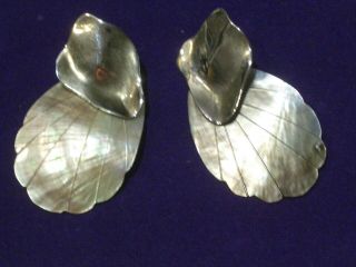 Vintage Les Bernard Mother Of Pearl Translucent Shell Dangle Clip On Earrings