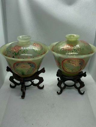 Antique Chinese Enamel Painted Green Spinach Jade 玉 Translucent Cups Stand