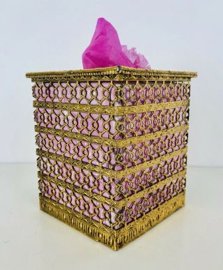 Vintage Hollywood Regency Ornate Square Tissue Box Cover Gold Tone Scrollwork