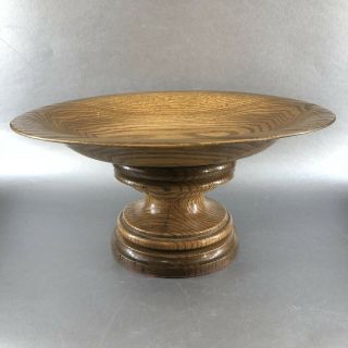 Gorgeous Vintage 12 " Large Smoked Solid Oak Hand Turned Pedestal Bowl Wood