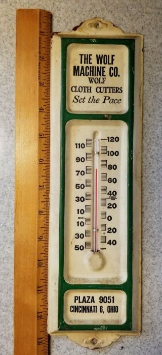 Vintage Metal Advertising Thermometer.  The Wolf Machine Co.  Cincinnati 6,  Oh