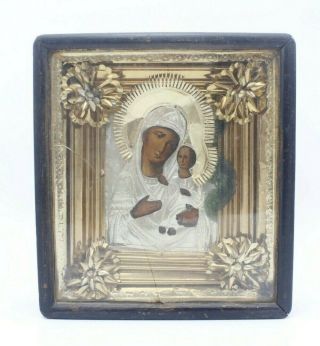Antique 19c Russian Wood Hand Painted Icon Mother Of God In Kiot Icon Box