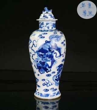 Antique Chinese Blue And White Porcelain Lion Vase And Lid Kangxi Mark 19th C