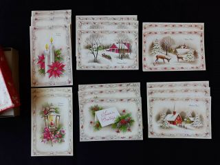 Box Of 16 Vintage Mid Century Christmas Cards With Glitter Snow