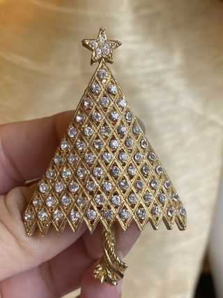 Vtg Holiday Christmas Tree Rhinestone Gold Brooch Pin Large Quilted