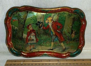 Antique Little Red Riding Hood Wolf Tin Litho Tea Set Toy Tray Vintage Victorian