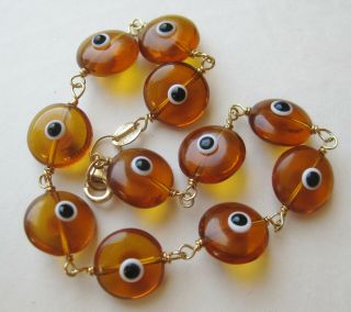 Vintage 14k Gold Amber Glass Evil Eye Good Luck Charm Amulet Bracelet