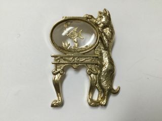 Vintage 1928 Cat With Fish Bowl Gold Tone Lucite Pin Brooch