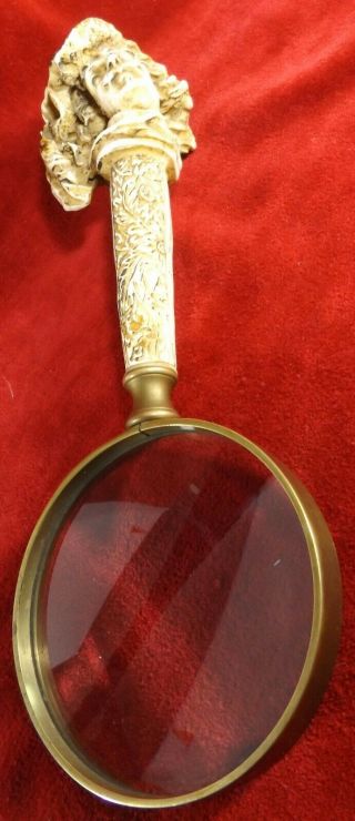 Rare Antique One - Of - A - Kind Brass Encased Large Magnifying Glass Carved Handle