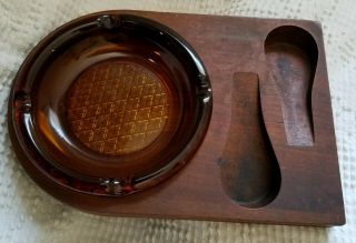 Vintage Decatur Industries Wooden Pipe Holder With Diamod Amber Glass Ashtray