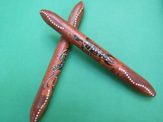 Aboriginal Clap Sticks Painted W Traditional Design Kangoroo & Turtle Vintage