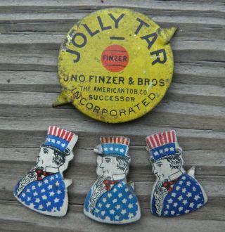 Vintage 4 Tin Tobacco Tags 3 Union Leader Uncle Sam And 1 Jolly Tar