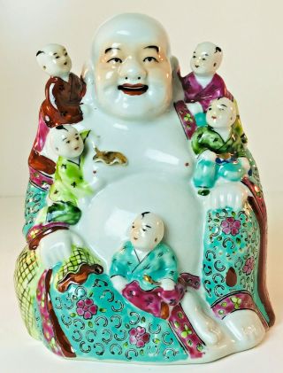 Vintage 8 " Tall Porcelain Laughing Buddha With Children Figurine Statue