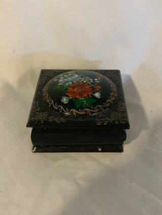 Vintage Russian Lacquer Floral Small Wooden Trinket Box 1970 