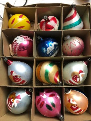 Box Of 12 Vintage Glass Christmas Balls Hand Painted Ornaments Shiny Poland