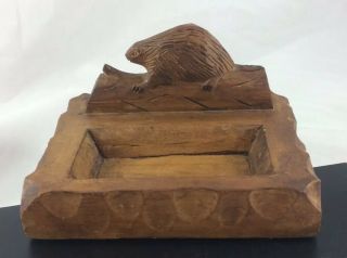 Vintage Hand Carved Wood Beaver On Log Tray Dresser Dish Business Card Holder