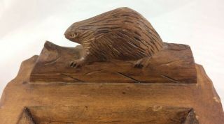 Vintage Hand Carved Wood Beaver on Log Tray Dresser Dish Business Card Holder 2