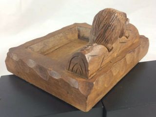 Vintage Hand Carved Wood Beaver on Log Tray Dresser Dish Business Card Holder 3